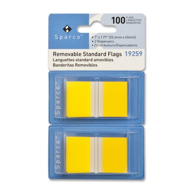 Sparco Removable Standard Flags In Pop-Up Dispenser, 1 3/4in x 1in, Yellow, Pack Of 100 (Min Order Qty 6) MPN:19259