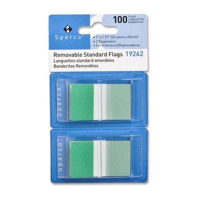 Sparco Removable Standard Flags In Pop-Up Dispenser, 1 3/4in x 1in, Green, Pack Of 100 (Min Order Qty 7) MPN:19262