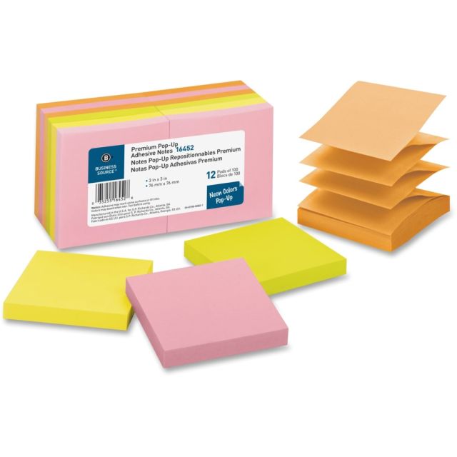 Business Source Reposition Pop-up Adhesive Notes - 3in x 3in - Square - Assorted Neon - Removable, Repositionable, Solvent-free Adhesive - 12 / Pack (Min Order Qty 3) MPN:16452