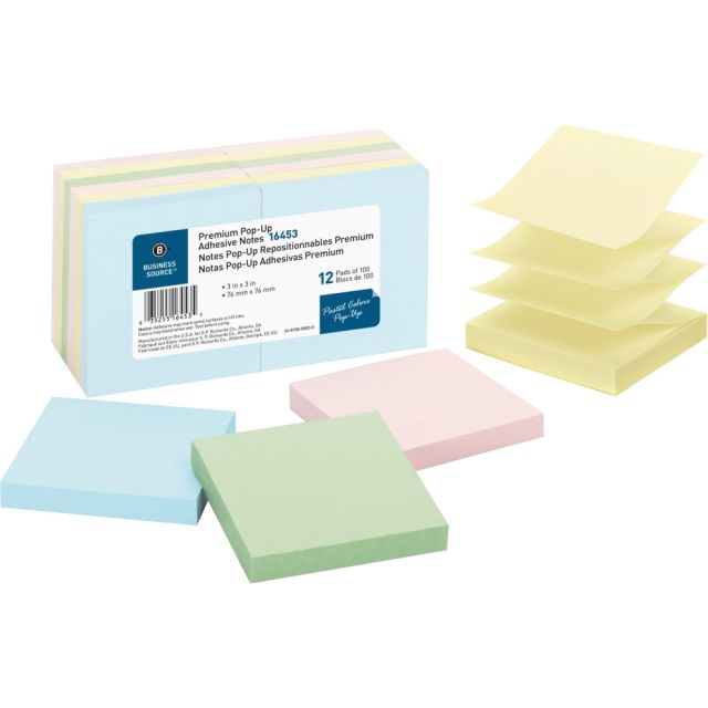 Business Source Reposition Pop-up Adhesive Notes - 3in x 3in - Square - Assorted Pastel - Removable, Repositionable, Solvent-free Adhesive - 12 / Pack (Min Order Qty 3) MPN:16453