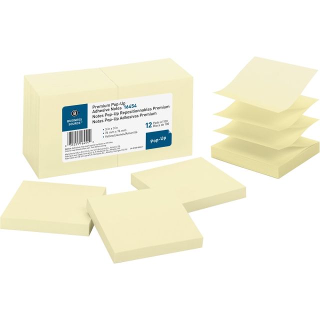 Business Source Reposition Pop-up Adhesive Notes - 3in x 3in - Square - Yellow - Removable, Repositionable, Solvent-free Adhesive - 12 / Pack (Min Order Qty 11) MPN:16454