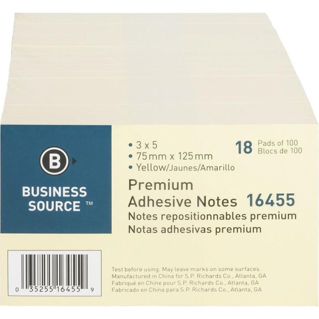Business Source Repositionable Notes - 3in x 5in - Rectangle - Yellow - Repositionable, Solvent-free Adhesive - 18 / Pack (Min Order Qty 2) MPN:16455