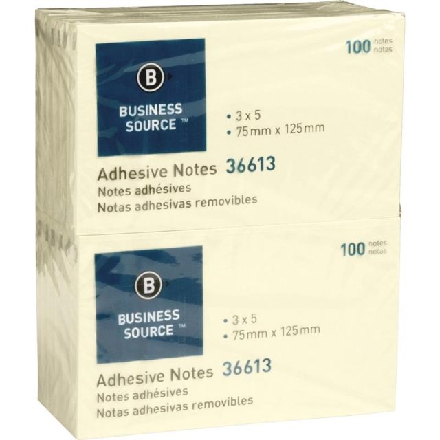 Business Source Yellow Repositionable Adhesive Notes - 3in x 5in - Rectangle - Yellow - Repositionable, Solvent-free Adhesive - 12 / Pack (Min Order Qty 9) MPN:36613
