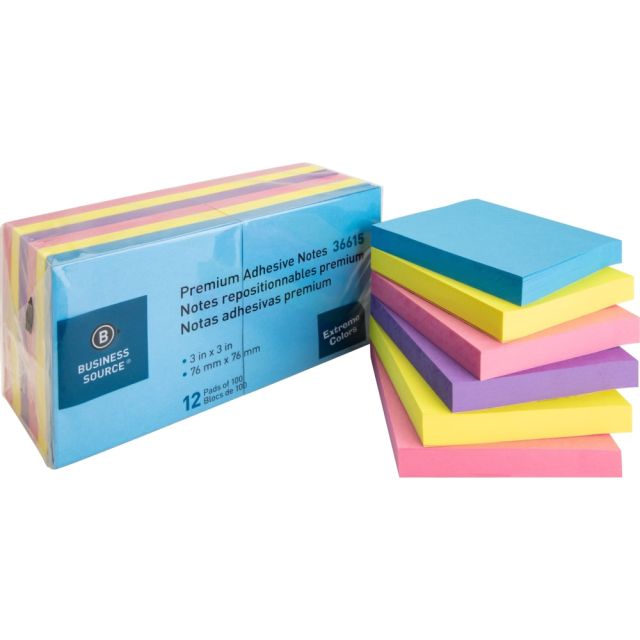 Business Source 3x3 Extreme Colors Adhesive Notes - 100 - 3in x 3in - Square - Assorted - Repositionable, Solvent-free Adhesive - 12 / Pack (Min Order Qty 3) MPN:36615