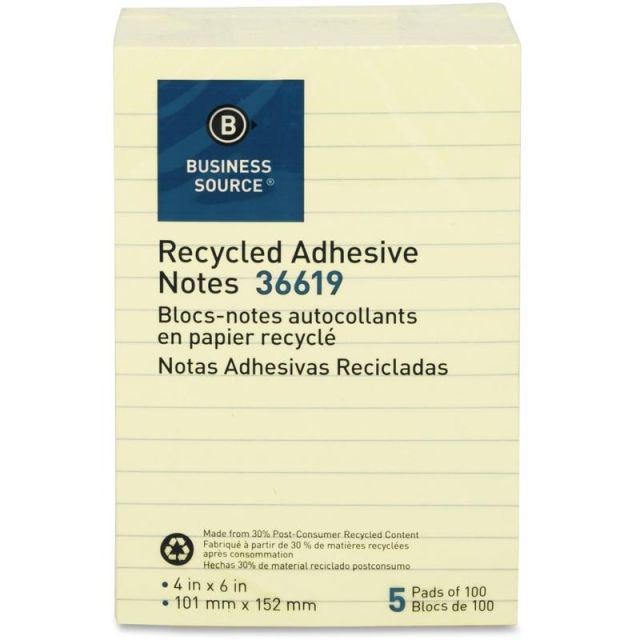 Business Source Yellow Adhesive Notes - 4in x 6in - Rectangle - Ruled - Yellow - Self-adhesive, Removable - 5 / Pack - Recycled (Min Order Qty 8) MPN:36619