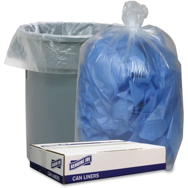 Genuine Joe Clear Low Density Can Liners - 56 gal Capacity - 43in Width x 47in Length - 1.10 mil (28 Micron) Thickness - Low Density - Clear - 100/Carton - Recycled (Min Order Qty 2) MPN:29128