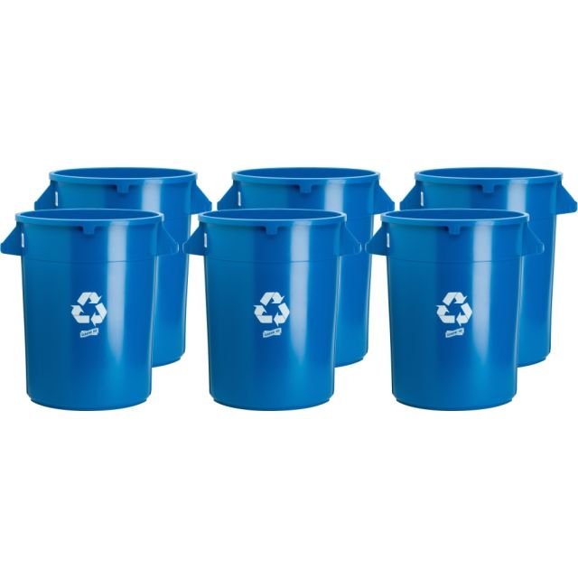 Genuine Joe Heavy-Duty Trash Container - 32 gal Capacity - Side Handle, Venting Channel - Plastic - Blue - 6 / Carton MPN:60464CT