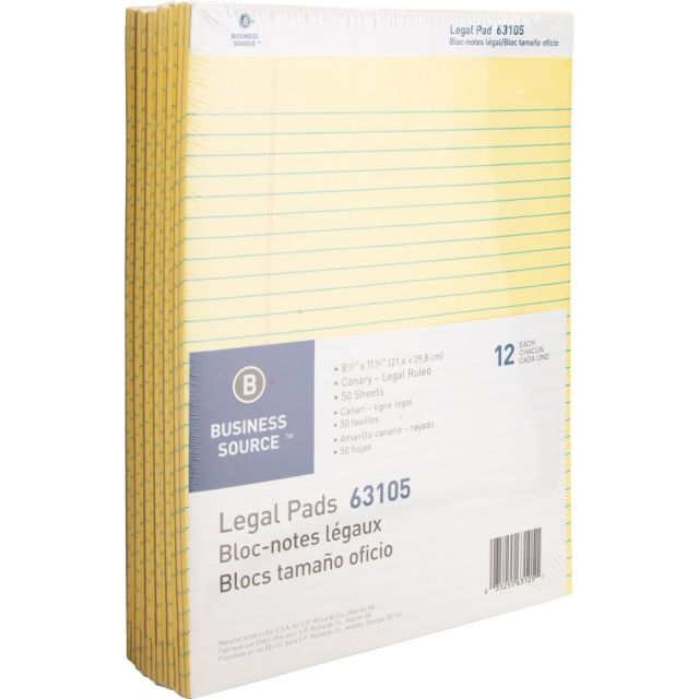 Business Source Micro-Perforated Legal Ruled Pads - 50 Sheets - 0.34in Ruled - 16 lb Basis Weight - 8 1/2in x 11 3/4in - Canary Paper - Micro Perforated, Easy Tear, Sturdy Back - 1 Dozen (Min Order Qty 3) MPN:63105