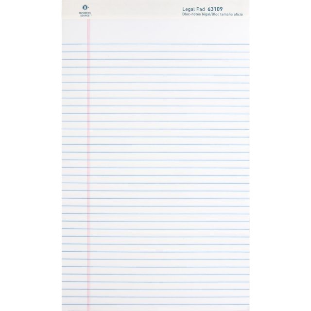 Business Source Writing Pads - 50 Sheets - 0.34in Ruled - 16 lb Basis Weight - Legal - 8 1/2in x 14in - White Paper - Micro Perforated, Easy Tear, Sturdy Back - 1 Dozen MPN:63109