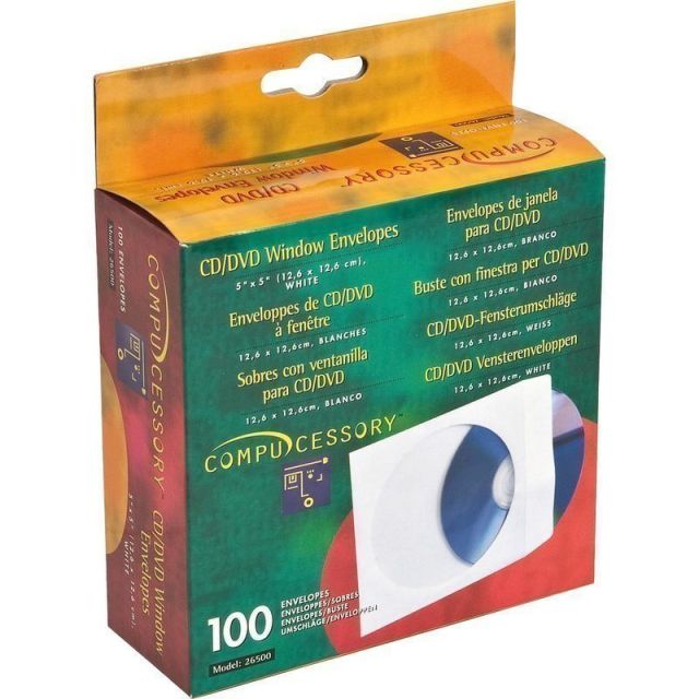 Compucessory CD/DVD White Window Envelopes - CD/DVD - 5in Width x 5in Length - 100 / Box - White (Min Order Qty 16) MPN:26500