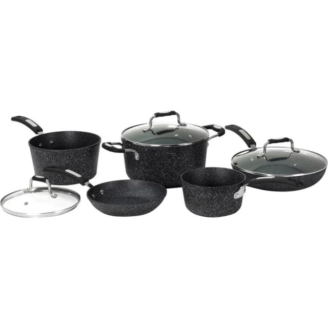 Starfrit The Rock 8-Piece Cookware Set with Bakelite Handles - 1.5 quart Saucepan, 3 quart Saucepan, 5 quart Stockpot, 8in Diameter Frying Pan, 10in Diameter Frying Pan, Lid - Aluminum Base, Plastic, Cast Stainless Steel - Cooking, Frying, Broiling MPN:03
