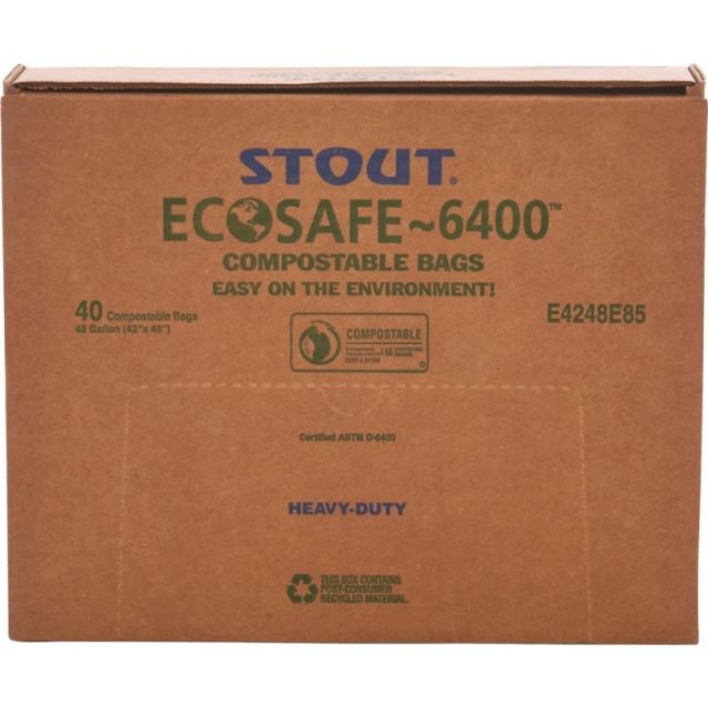 Stout EcoSafe-6400 Compostable Compost Bags, 0.85-mil, 48 Gallons, 42in x 48in, Green, Box Of 40 (Min Order Qty 2) MPN:E4248E85