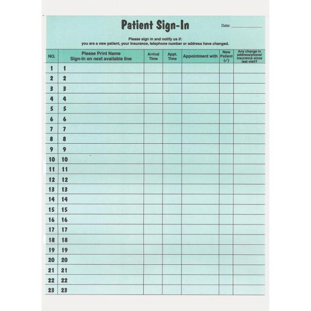 Tabbies Patient Sign-In Label Forms - 125 Sheet(s) - 11in x 8.50in Form Size - Letter - Green Sheet(s) - Paper - 125 / Pack (Min Order Qty 2) MPN:14532