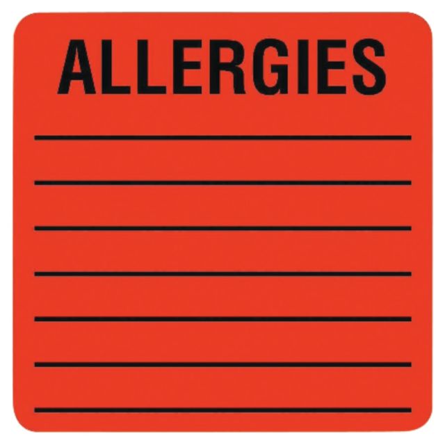 Tabbies Allergy Labels, TAB40560, 2in x 2in Square, Flourescent Red, Roll of 500 (Min Order Qty 5) MPN:40560