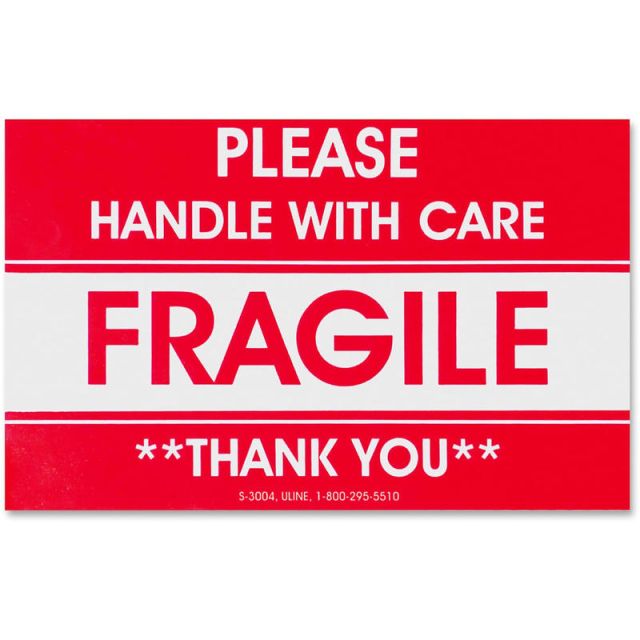 Tatco Fragile/Handle With Care Shipping Label, Rectangle, 3in x 5in, Red/White, Roll of 500 (Min Order Qty 3) MPN:10951