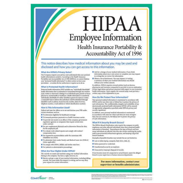 ComplyRight HIPAA Employee Poster, 8-1/2 x 11in (Min Order Qty 2) MPN:AR0953