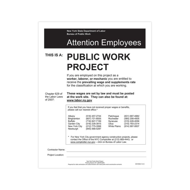 ComplyRight State Specialty Poster, Public Work Project, English, New York, 8 1/2in x 11in (Min Order Qty 4) MPN:ENY0002