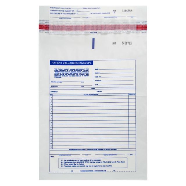 Patient Valuables Tamper Evident Form and Plastic Bag Combination, Sequentially Numbered, 10in x 13in, Pack of 2,500 MPN:W-PVB-102500