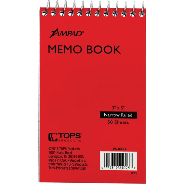 Ampad Topbound Memo Book, 50 Sheets, 3in x 5in (Min Order Qty 20) MPN:25093