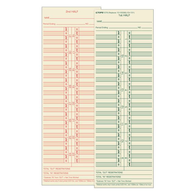 TOPS Time Cards (Replaces Original Cards 10-100372 & CH131), Numbered Days, 2-Sided, Semi-Monthly Format, 10 1/2in x 3 1/2in, Box Of 500 (Min Order Qty 2) MPN:1276