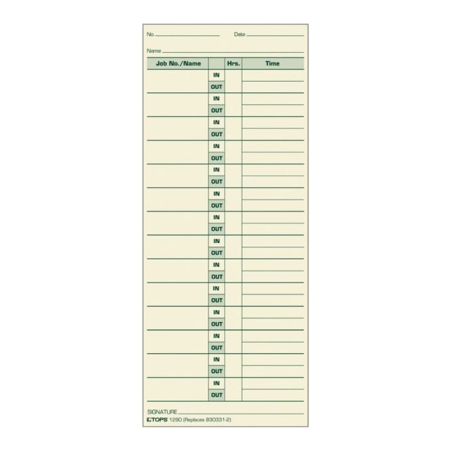 TOPS Job Cards Time Cards, 8.5in x 3.5in, Green Ink/Manila Paper, Box Of 500 (Min Order Qty 2) MPN:1290