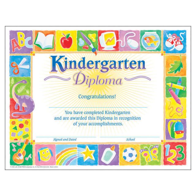 TREND Certificates, Kindergarten Classic Diploma, 8 1/2in x 11in, Multicolor, Kindergarten, Pack Of 30 (Min Order Qty 7) MPN:T-17002