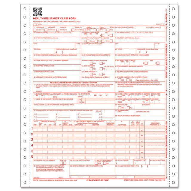 ComplyRight CMS-1500 Health Insurance Claim Form (02/12), 1-Part Continuous, 8 1/2in x 11in, White, Case Of 2,500 MPN:CMS121