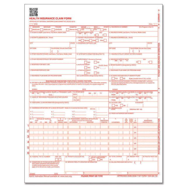 ComplyRight CMS-1500 Health Insurance Claim Form (02/12), Laser-Cut Sheet, 8 1/2in x 11in, White, Case of 250 (Min Order Qty 2) MPN:CMS12LC250