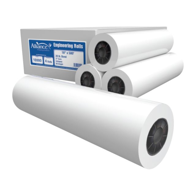 Alliance CAD Bond Paper, 3in Core, 18in x 500ft, 20 Lb, White, Pack Of 4 Rolls MPN:18500