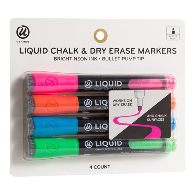 U Brands Liquid Chalk Markers, Bullet Tip, Black Barrel, Assorted Ink, Pack Of 4 Markers (Min Order Qty 5) MPN:3368T06-24