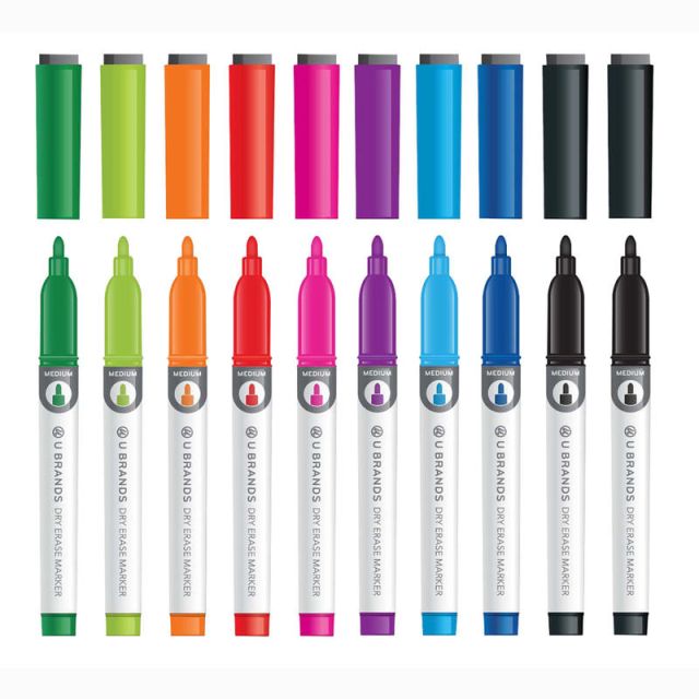 U Brands Low-Odor Dry-Erase Markers, Medium Point, White Barrels, Assorted Ink Colors, Pack Of 10 Markers (Min Order Qty 4) MPN:504U06-24