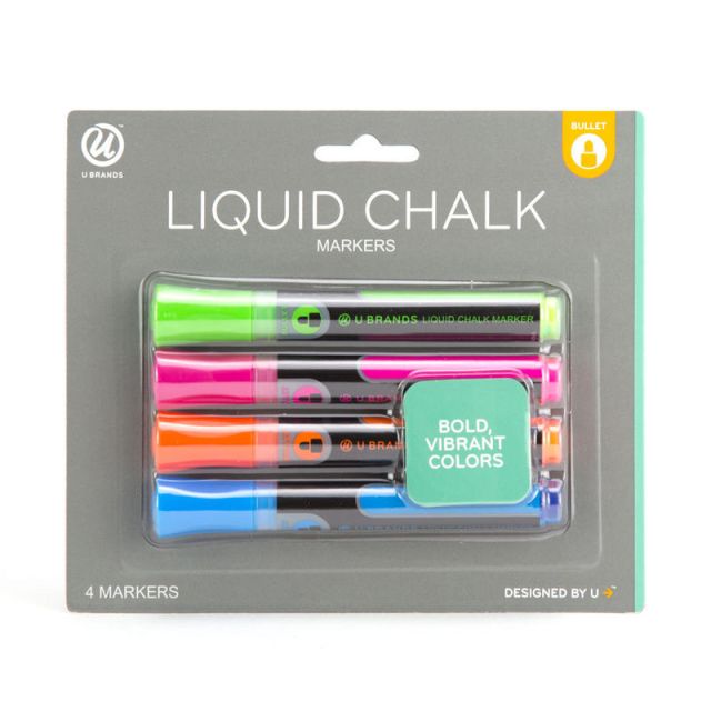 U Brands Liquid Chalk Markers, Bullet Tip, Assorted Ink Colors, Pack Of 4 Markers (Min Order Qty 6) MPN:540U06-24