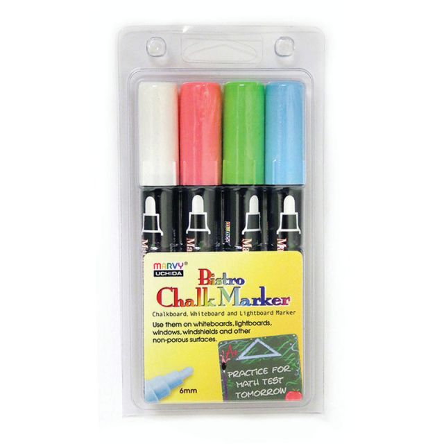 Marvy Uchida Bistro Chalk Markers, Broad Tip, Black Barrels, Assorted Ink Colors, Pack Of 4 Markers (Min Order Qty 3) MPN:UCH4804ED