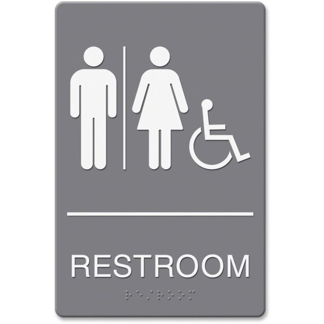 HeadLine Restroom/Wheelchair Image Indoor Sign - 1 Each - Restroom (Man/Woman/Wheelchair) Print/Message - 6in Width x 9in Height - Rectangular Shape - Double-sided - Plastic - Gray, White (Min Order Qty 6) MPN:4811