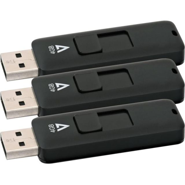 V7 4GB USB 2.0 Flash Drive 3 Pack Combo - With Retractable USB connector - 4 GB - USB 2.0 - Black - 5 Year Warranty - 3 / Pack (Min Order Qty 8) MPN:VF24GAR-3PK-3N