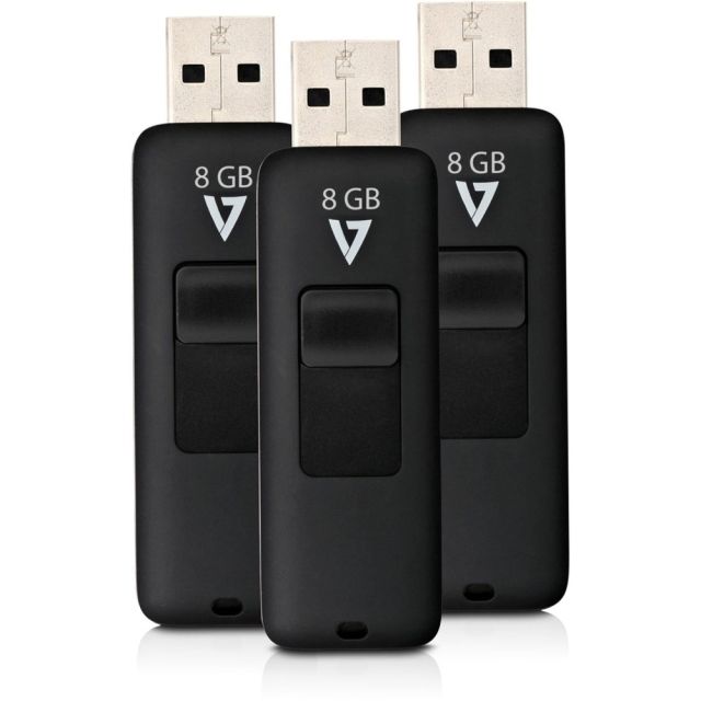 V7 8GB Flash Drive 3 Pack Combo - 8 GB - USB 2.0 - 10 MB/s Read Speed - 3 MB/s Write Speed - Black - 5 Year Warranty - 3 / Pack (Min Order Qty 7) MPN:VF28GAR-3PK-3N