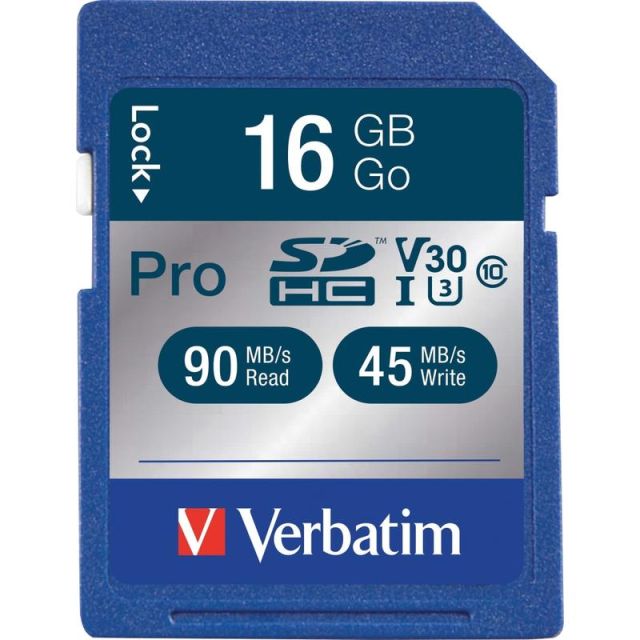 Verbatim 16GB Pro 600X SDHC Memory Card, UHS-1 U3 Class 10 - Class 10/UHS-I - 1 Card - 600x Memory Speed (Min Order Qty 5) MPN:98046