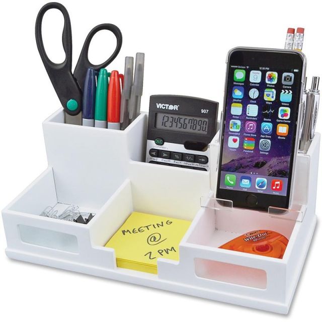 Victor W9525 Pure White Desk Organizer with Smart Phone Holder- 6 Compartment(s) - 3.5in Height x 5.5in Width x 10.4in Depth - White - Wood, Frosted Glass, Rubber - 1 Each MPN:W9525
