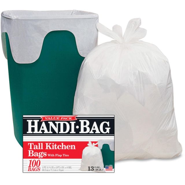 Berry Handi-Bag Flap Tie Tall Kitchen Bags - Small Size - 13 gal Capacity - 23.75in Width x 28in Length - 0.60 mil (15 Micron) Thickness - White - Hexene Resin - 100/Box - Home, Office (Min Order Qty 4) MPN:HAB6FK100