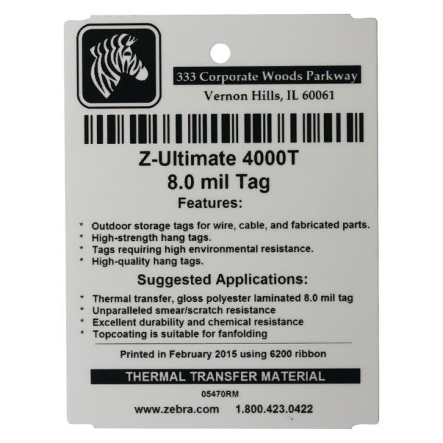 Zebra ZUltimate 4000T Thermal Transfer Labels, 05025RM, 8 mils, Pearl White, Pack Of 750 MPN:05025RM