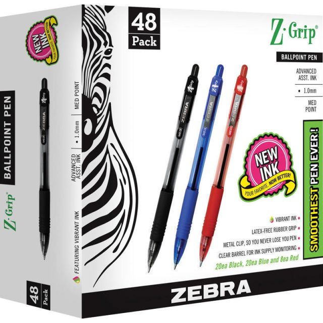 Zebra Pen Z-Grip Retractable Ballpoint Pens - Medium Pen Point - 1 mm Pen Point Size - Retractable - Assorted - Clear Plastic Barrel - 48 / Pack (Min Order Qty 3) MPN:22048