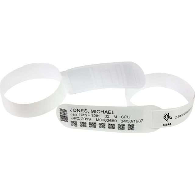 Zebra Z-Band UltraSoft Wristband Cartridge Kit, 1in x 11in, Rectangle, White, 175 Per Roll, Case Of 6 Rolls MPN:10015355K