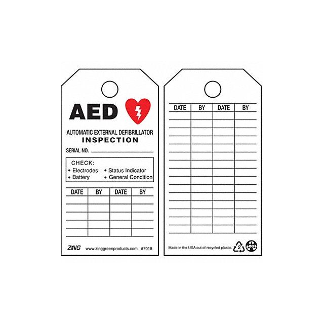 AED Tag 5-3/4 x 3 In Bk and R/Wht PK10 MPN:7018