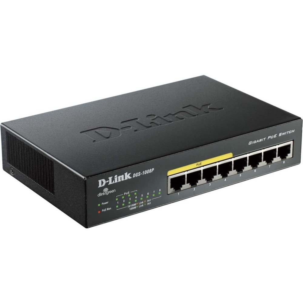 D-Link DGS-1008P 8-Port Gigabit Metal Desktop Switch with 4 PoE Ports - 8 Ports - 4 x POE - 4 x RJ-45 - 10/100/1000Base-T - Desktop MPN:DGS-1008P
