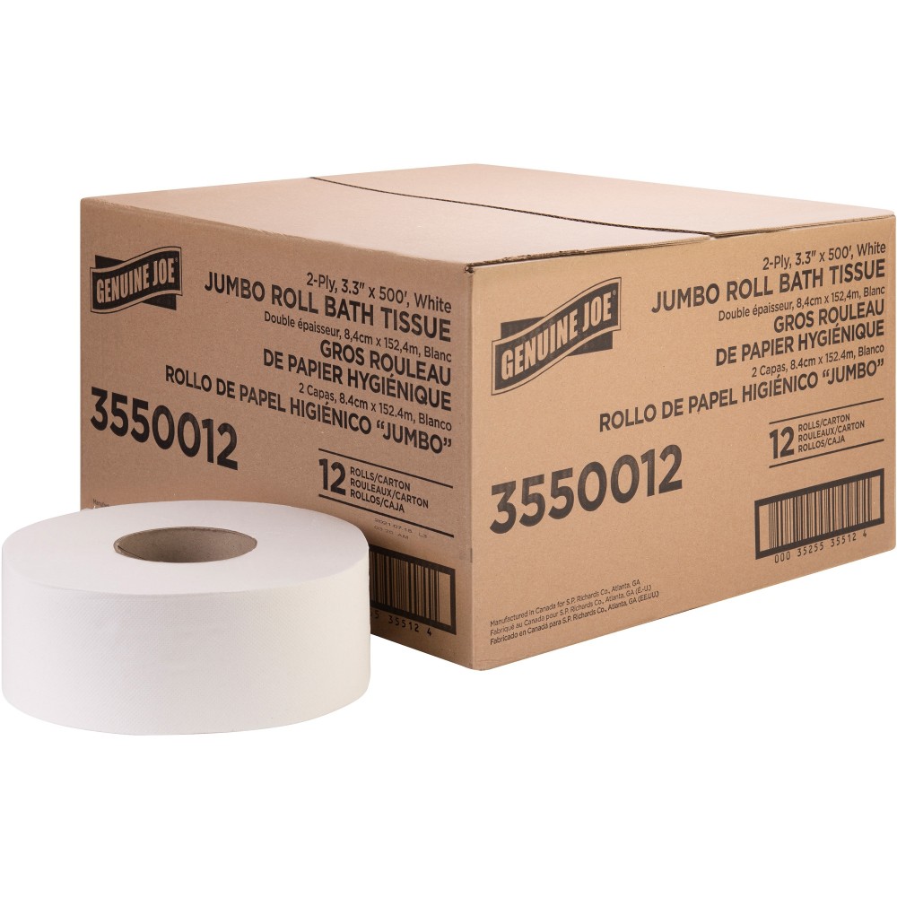 Genuine Joe Jumbo Jr Dispenser Bath Tissue Roll - 2 Ply - 3.30in Width x 500 ft Length - 8.88in Roll Diameter - White - Fiber - 12 / Carton MPN:3550012