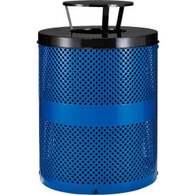 GoVets™ Outdoor Perforated Steel Trash Can With Rain Bonnet Lid 36 Gallon Blue 927BL261