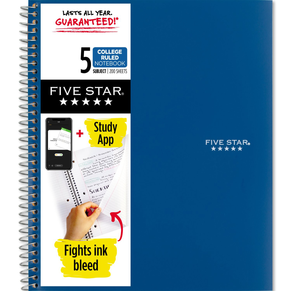 Five Star Wire-Bound Notebook, 8-1/2in x 11in, 5 Subject, College Ruled, 200 Sheets, Pacific Blue MPN:820004NH0-ECM