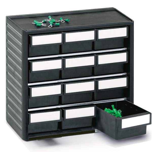 Small Parts Cabinets; Color: Black ; Frame Material: Polypropylene ; Special Item Information: Includes Labels ; Number Of Drawers: 12.0 ; Number Of Bins: 12 ; UNSPSC Code: 56111906 MPN:294-4ESD