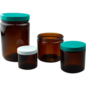 Qorpak® 4oz Amber Glass Straight Sided Round w/58-400 Green Thermoset F217 & PTFE Cap 24PK 270409