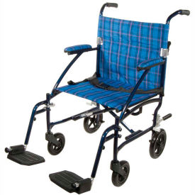 Fly-Lite Aluminum Transport Chair Blue Frame Blue Plaid Upholstery DFL19-BL